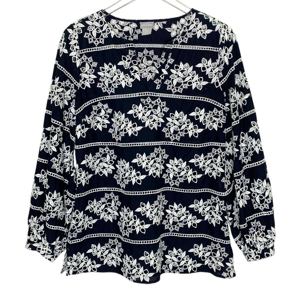Chicos Floral Embroidered Eyelet Tunic Top Womens 4/6 Pullover Balloon Sleeves